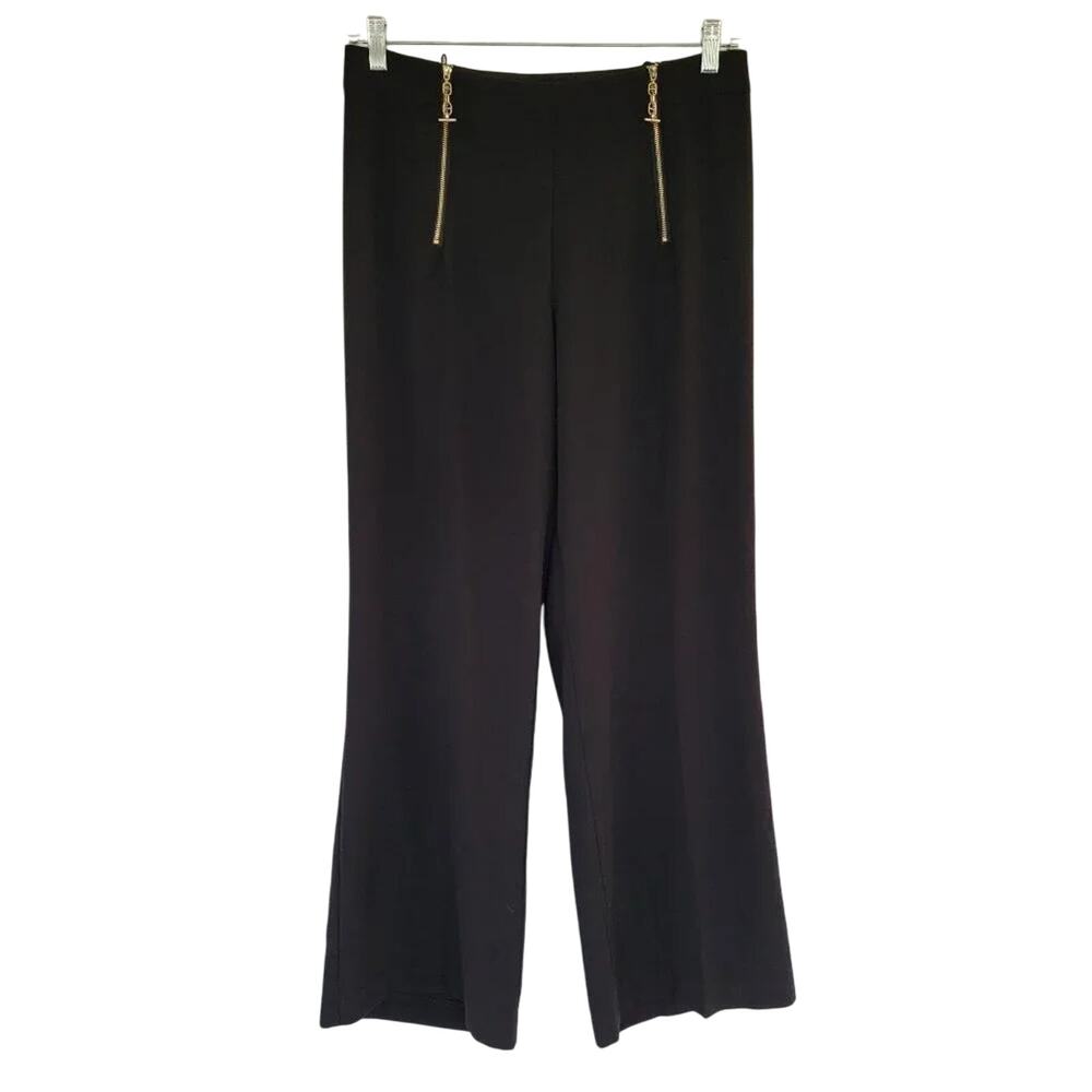 Tahari Trouser Pants Black Women Size 12 Wide Leg Gold Tone Exposed Zipper